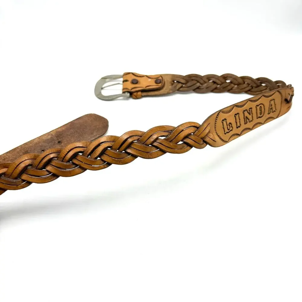 Linda Vintage Western Name Belt 34 Hand Tooled Braided Brown Leather Cowgirl